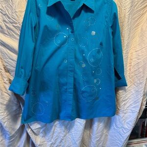 Christine Alexander Teal Button Down Shirt with Silver Accents